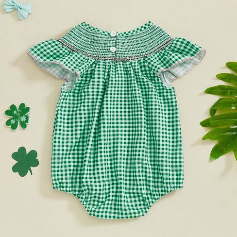 BemeyourBBs Newborn Baby Girl St Patricks Day Outfit Shamrock Bubble Romper Embroidery Cute Smocked Baby Girl Clothes in Saudi Arabia