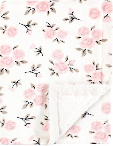 Hudson Baby Infant Girl Plush Blanket with Furry Binding and Back, Neutral Pink Floral, One Size in Saudi Arabia