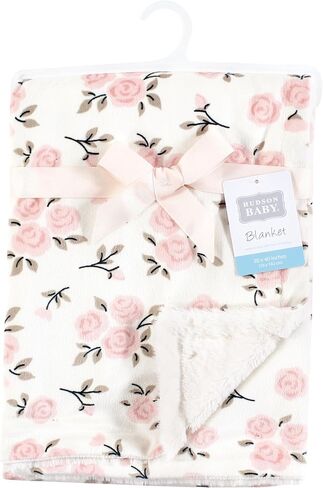 Hudson Baby Infant Girl Plush Blanket with Furry Binding and Back, Neutral Pink Floral, One Size in Saudi Arabia