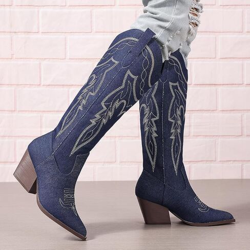 SelRoys Cowboy Boots for Women Cowgirl Embroidered Stitched Pointy Toe Chunky Heel Western Country Fashion Boots in Saudi Arabia