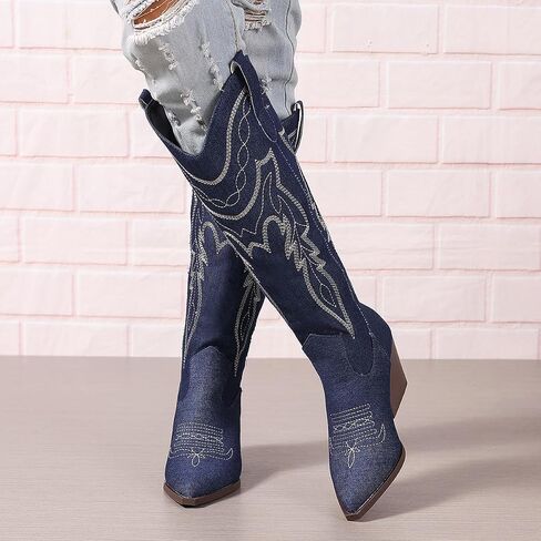 SelRoys Cowboy Boots for Women Cowgirl Embroidered Stitched Pointy Toe Chunky Heel Western Country Fashion Boots in Saudi Arabia