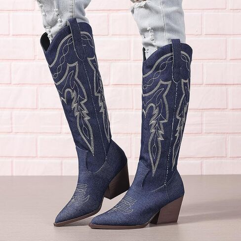 SelRoys Cowboy Boots for Women Cowgirl Embroidered Stitched Pointy Toe Chunky Heel Western Country Fashion Boots in Saudi Arabia