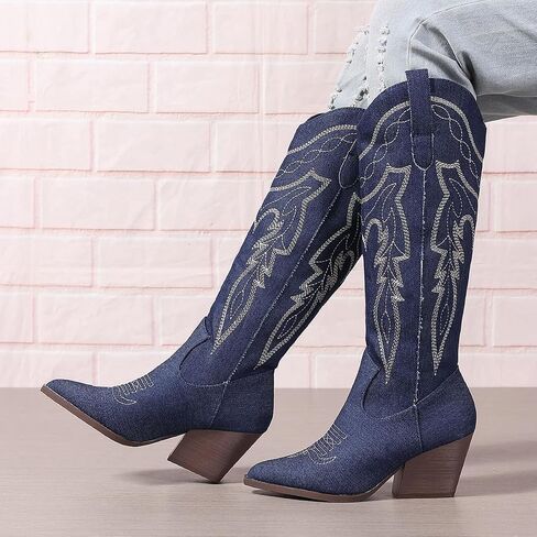 SelRoys Cowboy Boots for Women Cowgirl Embroidered Stitched Pointy Toe Chunky Heel Western Country Fashion Boots in Saudi Arabia