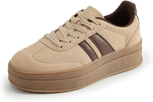 Women's Chunky Platform Sneakers - Retro Vintage Leather Casual Tennis Shoes- Thick Rubber Gum Sole Low Top Lace-Up Classic Walking Shoes in Saudi Arabia