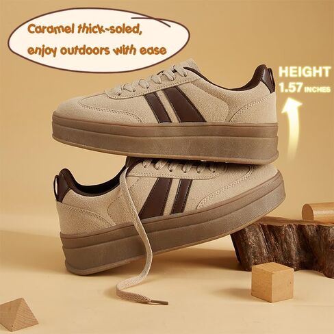 Women's Chunky Platform Sneakers - Retro Vintage Leather Casual Tennis Shoes- Thick Rubber Gum Sole Low Top Lace-Up Classic Walking Shoes in Saudi Arabia