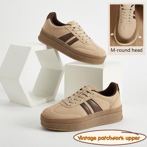 Women's Chunky Platform Sneakers - Retro Vintage Leather Casual Tennis Shoes- Thick Rubber Gum Sole Low Top Lace-Up Classic Walking Shoes in Saudi Arabia