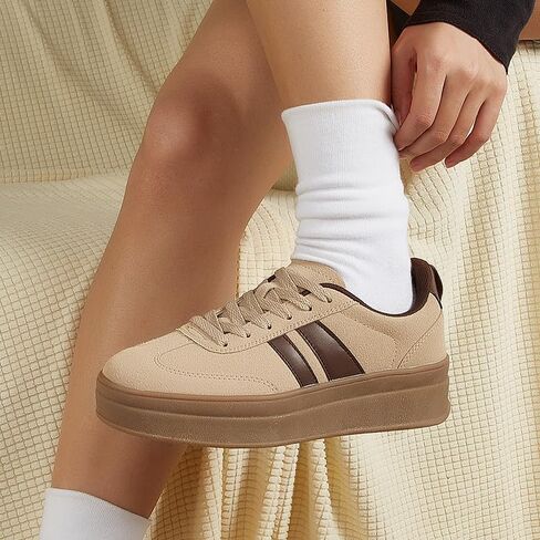 Women's Chunky Platform Sneakers - Retro Vintage Leather Casual Tennis Shoes- Thick Rubber Gum Sole Low Top Lace-Up Classic Walking Shoes in Saudi Arabia