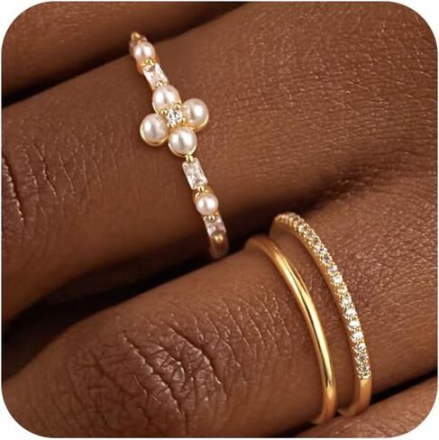 Non Tarnish Gold Ring Set: 3PCS Dainty Stackable Rings for Women Hypoallergenic 14K Gold Plated Thin Thumb Pinky Rings Wedding Band Ring for Women Gold Jewelry for Women Trendy Size 6/7/8/9/10 in Saudi Arabia