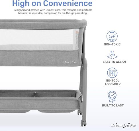 Dream On Me Calypso Portable Bassinet مع عجلات باللون الرمادي وسريع وسهلة للطي ، وسبعة ارتفاع قابل للتعديل ، ونسيج قابل للغسل الماكينة ، وسرير سرير محمول وقابل للتعبئة in Kuwait