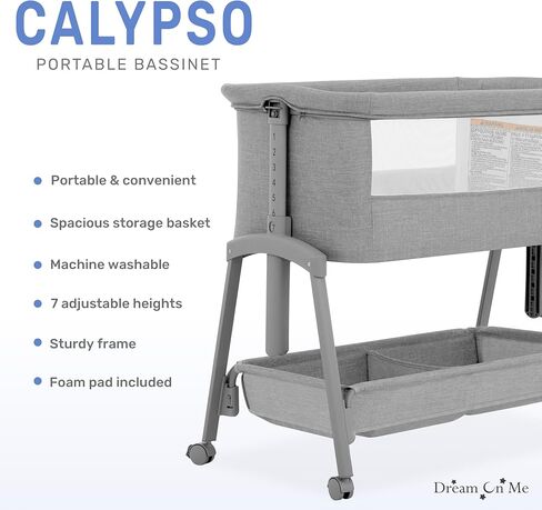 Dream On Me Calypso Portable Bassinet مع عجلات باللون الرمادي وسريع وسهلة للطي ، وسبعة ارتفاع قابل للتعديل ، ونسيج قابل للغسل الماكينة ، وسرير سرير محمول وقابل للتعبئة in Kuwait