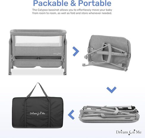Dream On Me Calypso Portable Bassinet مع عجلات باللون الرمادي وسريع وسهلة للطي ، وسبعة ارتفاع قابل للتعديل ، ونسيج قابل للغسل الماكينة ، وسرير سرير محمول وقابل للتعبئة in Kuwait