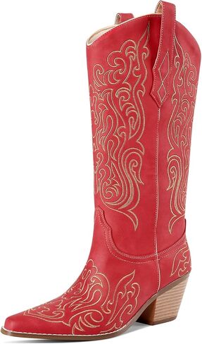 LOCERICH Women Knee High Boots Cowgirl Boots Cowboy Tall Boots Western Wide Calf Ladies Low Chunky Heel Snip Toe Comfortable Dress Boot with Embroidered in Kuwait