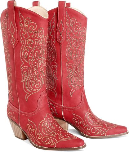 LOCERICH Women Knee High Boots Cowgirl Boots Cowboy Tall Boots Western Wide Calf Ladies Low Chunky Heel Snip Toe Comfortable Dress Boot with Embroidered in Kuwait
