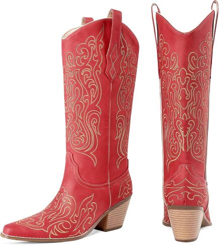 LOCERICH Women Knee High Boots Cowgirl Boots Cowboy Tall Boots Western Wide Calf Ladies Low Chunky Heel Snip Toe Comfortable Dress Boot with Embroidered in Kuwait