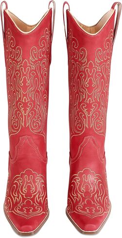 LOCERICH Women Knee High Boots Cowgirl Boots Cowboy Tall Boots Western Wide Calf Ladies Low Chunky Heel Snip Toe Comfortable Dress Boot with Embroidered in Kuwait