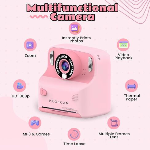 Kids Digital Camera - Instant Print, Thermal Camera, HD Display, MP3 Playback, 16X Zoom, PC Compatible in Saudi Arabia