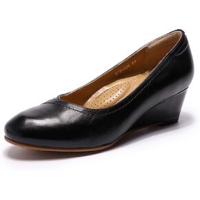 Mona flying Women's Leather Closed Toe 2 Inch Mid Wedges Heels with Arch Support Round Toe Comfortable Dress Pumps for Women Ladies