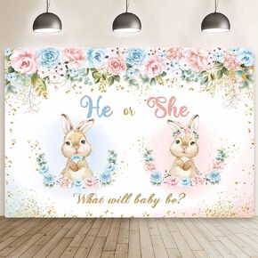 MEHOFOND 7x5ft Easter Gender Reveal Backdrop Bunny Floral Baby Shower Photography Background He or She What Will Baby Be Newborn Gender Reveal Party Decor Gold Confetti Cake Smash Photo Props