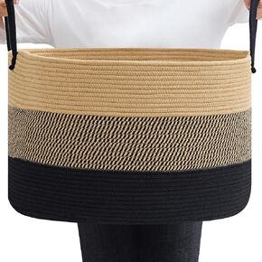 VECELO Large Blanket Basket (21.7"x13.8") Round Woven Rope Basket with Handles, Soft Cotton Basket Storage for Living Room, Laundry, Nursery, Pillows, Baby Toy Chest (Jute/Black)