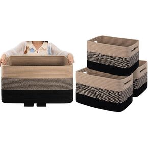 OIAHOMY Woven Storage Baskets - Pack of 3 Cotton Rope Baskets (Large Rectangle, Black Brown)