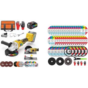 OUBA Bundle 20V Yellow Cordless Angle grinder with 1 pack 4.0Ah Batteries for Cutting + 43pcs 4-1/2 Cut Off Wheel
