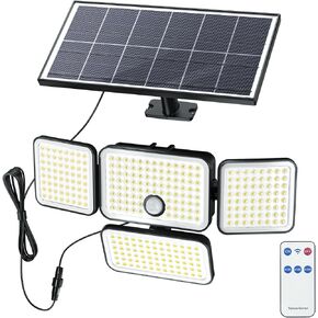JACKYLED Solar Lights Outdoor, 4000mAh Security Lights with Larger Solar Panel & 16.4FT Cable, 4-Head Motion Sensor Lights with Remote Control, IP65 Waterproof 270° Wide Flood Wall Lights (1 Pack)