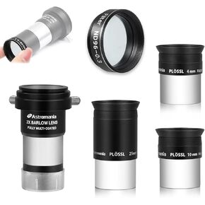 Astromania 1.25" Moon Telescope Eyepiece Color Filter ND96-0.3 - Bundle with - 1.25" Plossl Eyepieces 4 10 25mm with 2X Barlow