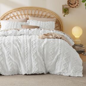 Bedsure Boho Duvet Cover Queen Size - Tufted Duvet Cover Queen Set for All Seasons, 3 Pieces Soft Shabby Chic Embroidery Boho Bedding, Comforter Not Included (White, 90" x 90")