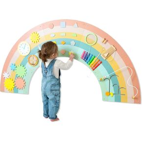 Play Platoon Kids Sensory Wall Panel, Activity Wall Busy Board Toys for Toddlers 1-3, Sensory Board - 64x32 inch Neutral Wooden Rainbow with 11 Activities for Montessori Playroom