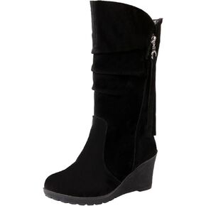 Rismart Women Mid العجل Slouch Boot Wedge كعب رفيع الفرو المبطن من جلد الغزال أحذية الشتاء