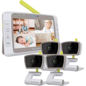 Moonybaby Split 50 Monitor Baby مع 4 كاميرات لمدة 4 غرف ، شاشة كبيرة بدقة 5 بوصات مع منظر واسع ، وضوضاء تلقائية تقلل ، انخفاض EMF & No WiFi ، التكبير ، الصوت المنشط ، درجة الحرارة ، الحديث ثنائي الاتجاه ، الرؤية الليلية التلقائية