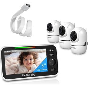 HelloBaby Upgrade 5’’ Baby Monitor with 3 Cameras with Mount, 26-Hour Battery, Baby Monitor Mount Without Tools or Wall Damage
