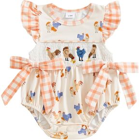 Newborn Baby Girl Romper Farm Chicken Embroidey Onesie Outfit Ruffle Smocked Plaid Jumpsuit Country Summer Clothes