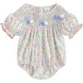 Baby Girl Easter Outfits Bunny Romper Rabbit Embroidery Puff Short Sleeve Smocked Bubble Bodysuit Summer Jumpsuit