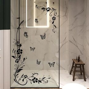 Runtoo Flower Vines Wall Stickers Black Floral Anti-Collision Window Cling Decals Butterfly Glass Door Wall Decor for Bathroom Living Room Bedroom Nursery Office Decoration