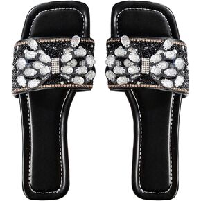 Verdusa Women's Rhinestone Bow Glitter Sandals Square Open Toe Flat Leather Slippers