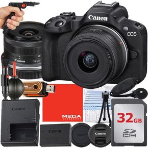 Canon EOS R50 كاميرا بدون مرآة مع عدسة 18-45 مم + بطاقة ذاكرة 32 جيجابايت + ترايبود + حزمة MegaAccessory (متجددة)