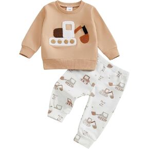 Toddler Baby Boy Outfits 2 Piece Sweatsuit Long Sleeve Car Embroidery Sweatshirt And Sweatpants Spring Fall Clothes