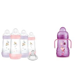 9 oz MAM Anti-Colic Bottle 4 Pack with Bonus Nipple & 8 oz MAM Trainer Cup with Extra-Soft Spout for Girls