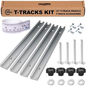 12’’ T Track Universal Double Cut Profile, t-slot, Predrilled Mounting Holes, t track accessories (t bolts/star knobs/screws), for Woodworking jigs and Fixtures, Drill Press Table, Router Table (25pc)