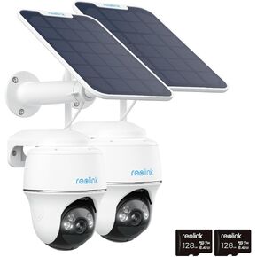 REOLINK Argus PT 2 Pack Bundle - Solar Security Camera Outdoor Includes Solar Panel & SD Card (128GB), 5MP Nigh Vision, Pan Tilt, No Hub Needed, Rechargeable Battery, 2-Way Talk, Smart Detection
