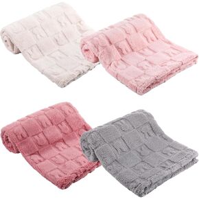 4 Pcs Fleece Baby Blanket 30" x 40" 3D Fluffy Baby Rabbit Checkered Blanket for Girls Nursery Bed Infant Toddler Newborn Receiving Swaddling Quilt for Easter Crib
