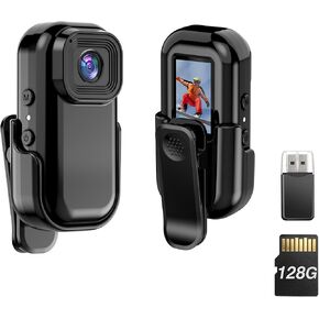 1080P Thumb Action Camera, 128G Sports Camera with Audio and Video Recording, Tiny Size, Wearable Cam with Magnetic & 360° Clip,Hands Free POV Recording Worn Cam for Travel, Cycling, Pet Walking