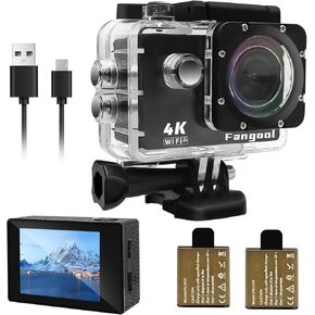 Fangool Action Camera 4K 30FPS, Waterproof Camera 30M Ultra HD 131FT Underwater WiFi Cam 170°Wide Angle Shooting, with 2 x 1050 mAh Batteries for Skiing, Skating, Surfing, Cycling, Fishing