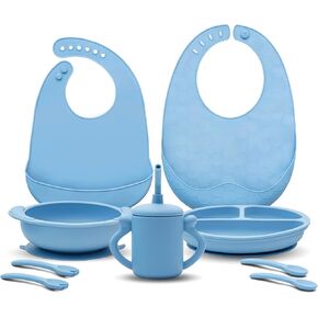 Silicone Baby Feesding Set, Suction Plate and Bowl for Baby and Toddlers Set, BPA-Free Food-Safe Silicone, Blue - with Training Sippy Cup, Two Bibs, Two Spoons and Forks (9pcs)