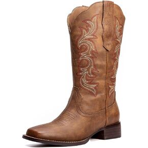 Womens Cowboy Boots Square Toe Cowgirl Boots Ladies Country Western Boots Wide Calf Embroidery Brown Low Heel US 6-11
