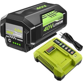 40V 6.0Ah Battery and Charger Replacement for Ryobi 40V Battery and Charger Kit Compatible with Ryobi 40 Volt Lithium ion Batteries OP4026 OP40601 OP4050A OP4040 OP4030 OP4050