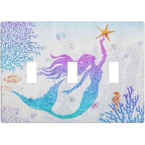 Beach Ocean Mermaid Coral Shell Triple Rocker Light Switch Cover Plates Decorative for Kids Girls Nursery 3 Gang Wall Plate Electrical Faceplate Lightswitch for Bathroom Bedroom