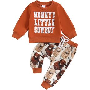 Western Baby Boy Clothes Mamas Little Cowboy Long Sleeve Crewneck Sweatshirt Cow Print Pants Set Fall Outfits