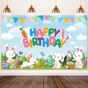 Bunny Birthday Decorations Happy Easter Backdrop Happy Birthday Banner Easter Eggs Bunny Theme Photography Background Festival Spring Party Supplies, 71 x 43 inches